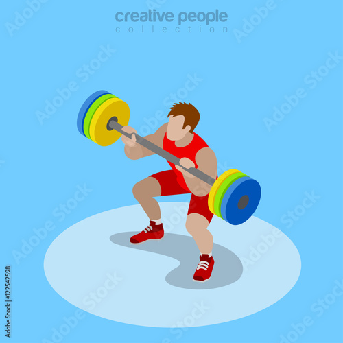 Flat isometric power lifter lifting barbell vector Sportsman 3d