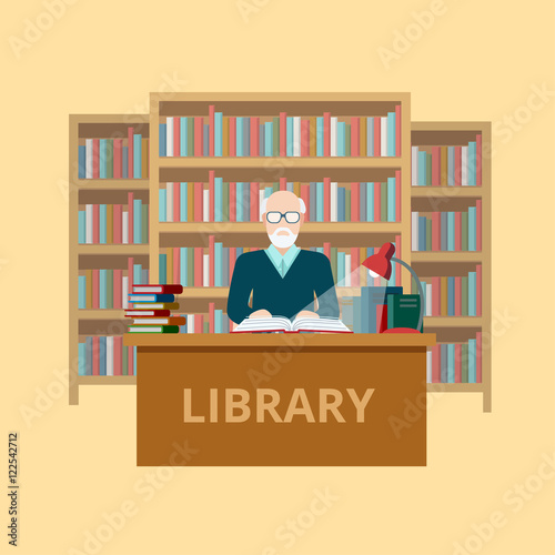 Flat Education knowledge librarian reader library table vector