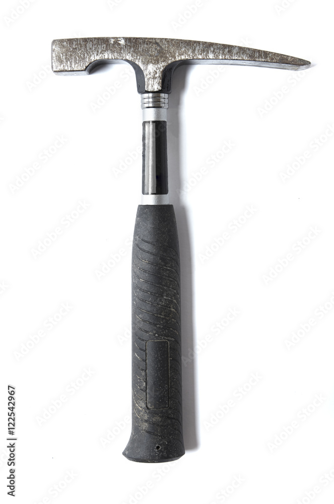 A black and silver brick hammer isolated on a white background A black and silver brick hammer isolated on a white background