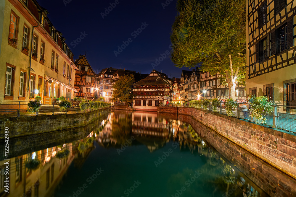Traditional Half-timbered houses in Strasbourg at Night
