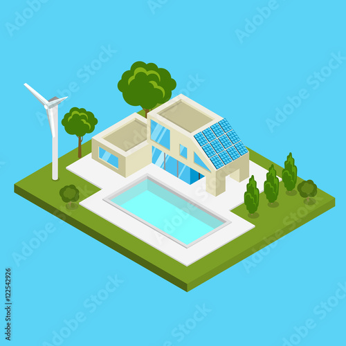 Flat isometric alternative energy efficient building vector. 3d