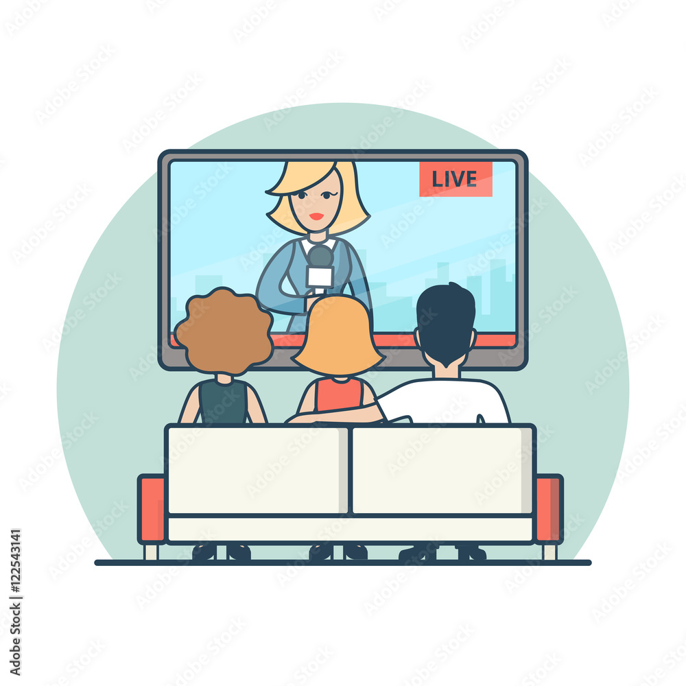 Linear Flat people watching news on TV vector Live news media