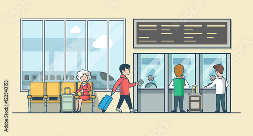 Linear Flat people on railway station hall vector illustration