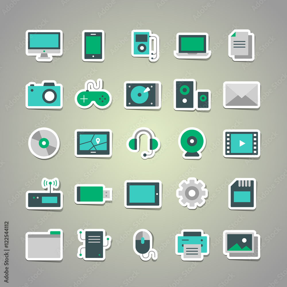 Set of 25 vector stickers with blue-green flat multimedia icons Set of 25 vector stickers with blue-green flat multimedia icons