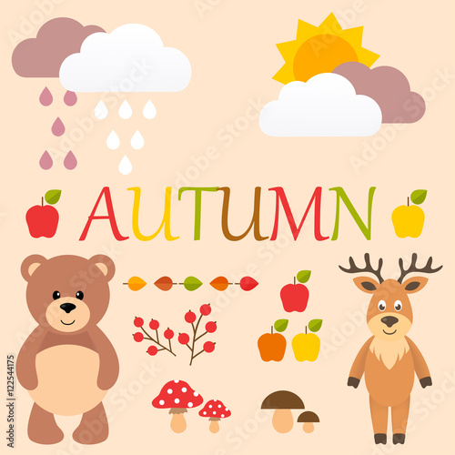 cartoon autumn set with bear and deer