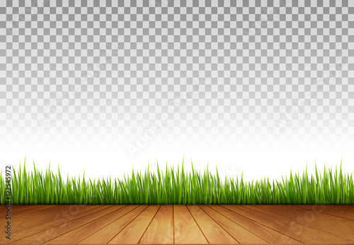 Background with Wooden Floor and Green Grass A transparent Back