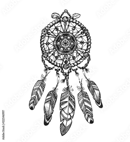 Indian dream catcher with ethnic ornaments. Vector illustration isolated on white background