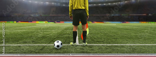 Bild auf Leinwand The referee soccer game stands on the field before the game, rea