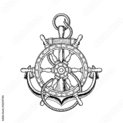 Vector illustration of nautical steering wheel and anchor