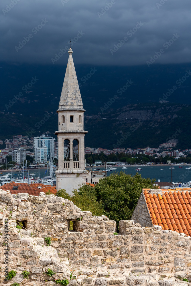 Citadel of the old fortress town of Budva in cloudy weather
