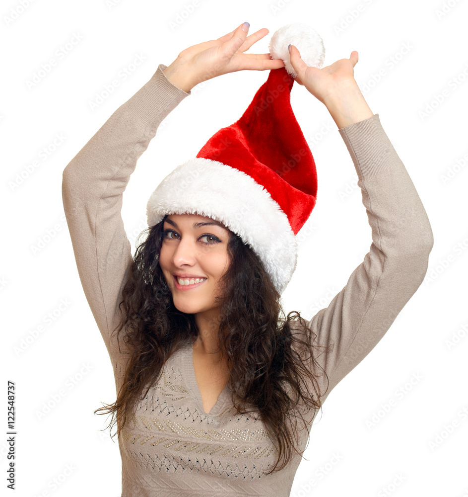 girl in santa hat portrait on white background, christmas holiday concept girl in santa hat portrait on white background, christmas holiday concept