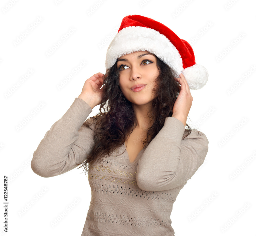 girl in santa hat portrait on white background, christmas holiday concept girl in santa hat portrait on white background, christmas holiday concept