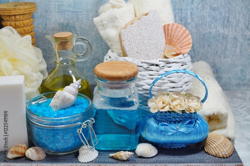 SPA - Aromatic sea salt and scented soap, scented candles and massage oil and accessories for massage and bat 