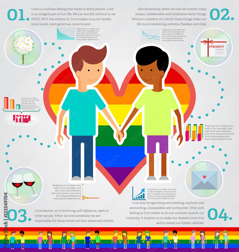 Love marriage couple of two men infographic set. Same-sex marriage. Vector illustration, image LGBT International flag (lesbian, gay, bisexual) image
