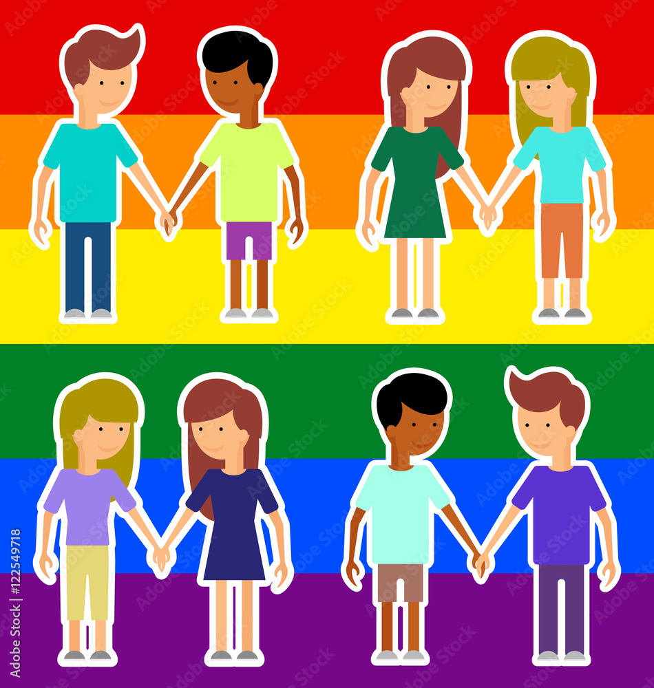 Love marriage couple of two women or girls and two men. Same-sex marriage. Vector illustration, image LGBT International flag (lesbian, gay, bisexual) pic