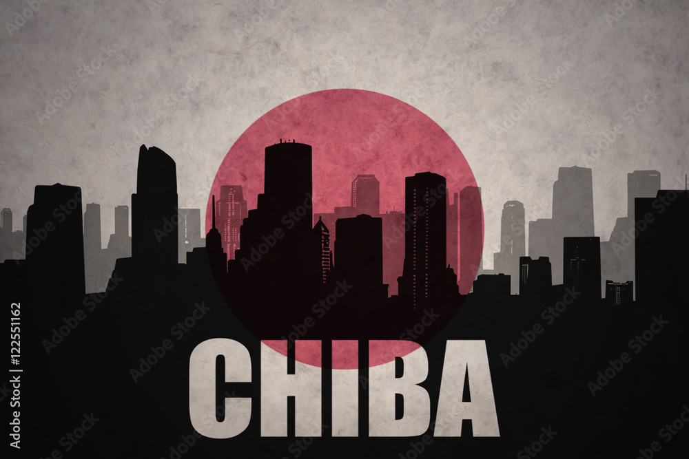 abstract silhouette of the city with text Chiba at the vintage japanese flag background