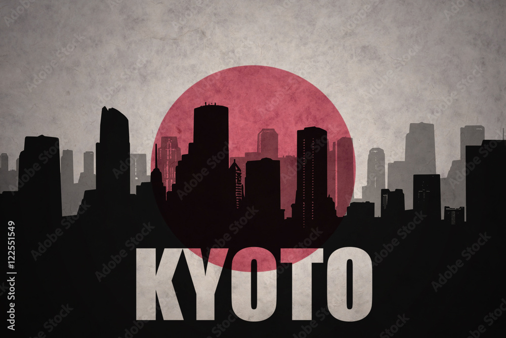 abstract silhouette of the city with text Kyoto at the vintage japanese flag background