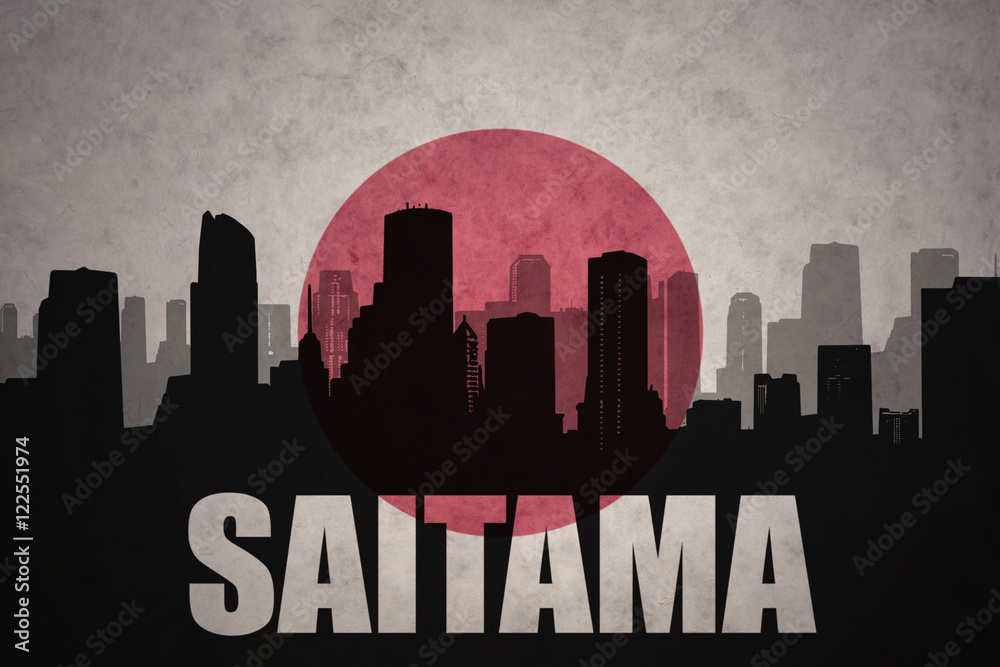 abstract silhouette of the city with text Saitama at the vintage japanese flag background