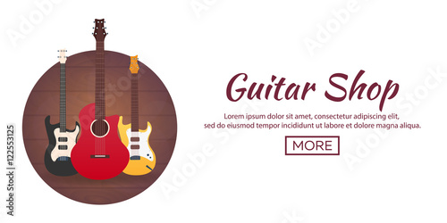 Poster with musical instruments. Guitar shop. Flat design.