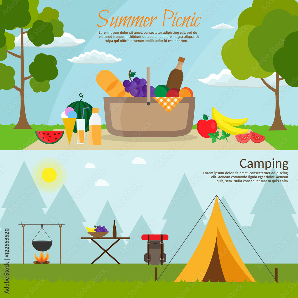 Fototapeta premium Fruit, wine, barbecue, picnic grill, watermelon on the grass set. Summer time on meadow. 