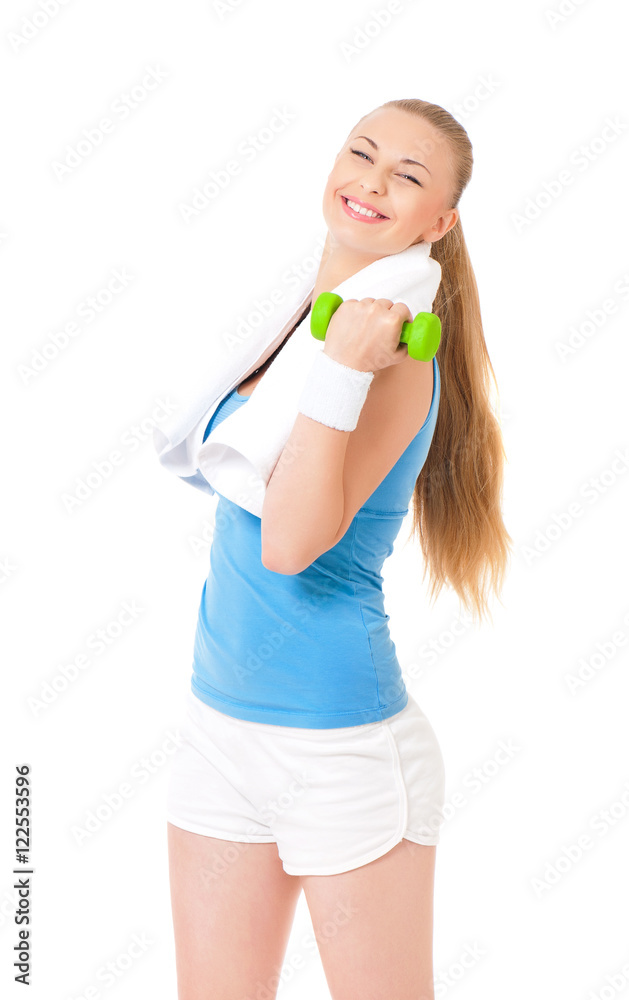 Young woman doing fitness exercise with dumbbells and towel, isolated on white background. Portrait of beautiful athlete girl in studio. Young woman doing fitness exercise with dumbbells and towel, isolated on white background. Portrait of beautiful athlete girl in studio.
