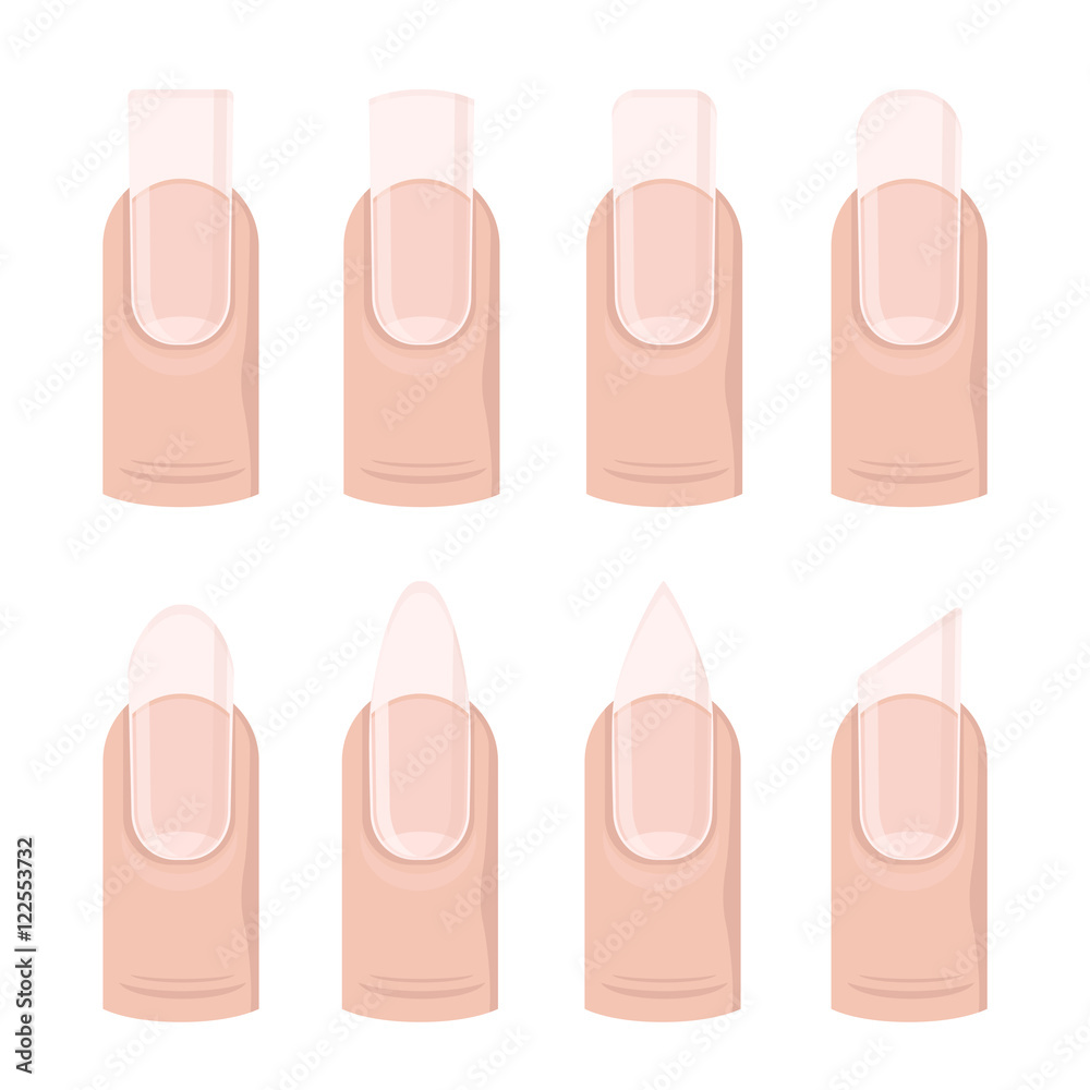Vector set of different nails shape, manicure style. Beauty spa salon illustration with fingernails for women and girls Vector set of different nails shape, manicure style. Beauty spa salon illustration with fingernails for women and girls