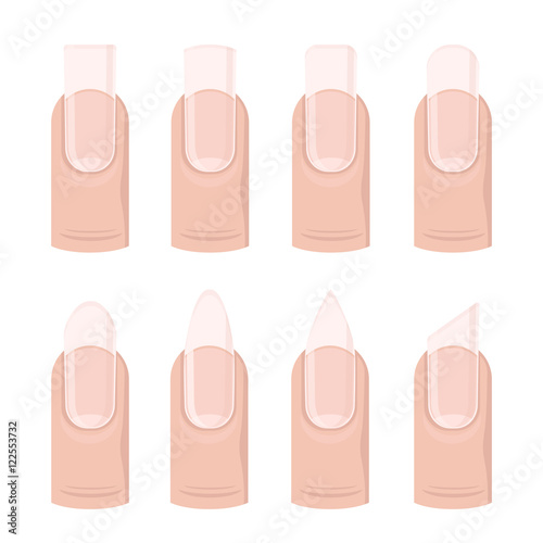 Vector set of different nails shape, manicure style. Beauty spa salon illustration with fingernails for women and girls