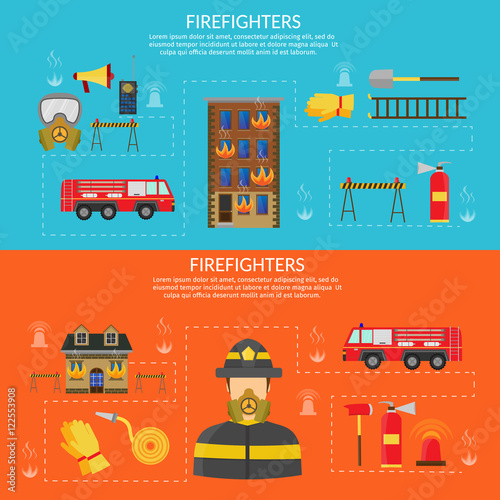 Vector flat illustration of firefighting character and infographic, axe, hook and hydrant, helicopter, hose, fire station, engine, alarm, extinguisher.