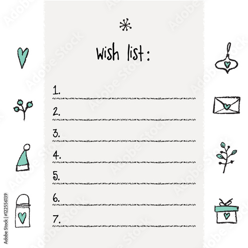 Christmas wish list template. Hand drawn elements. Printable des