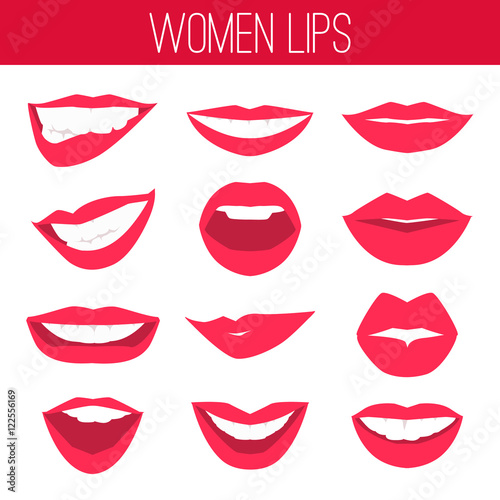 Female lips with red lipstick flat icons isolated on white background. Gestures lips desire, temptation, seduction, trembling, temptation, passion, hot. Vector illustration.