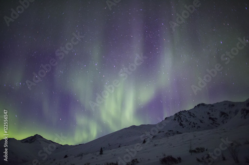 Northern lights or aurora borealis shimmer in the sky above the Dempster Highway. photo