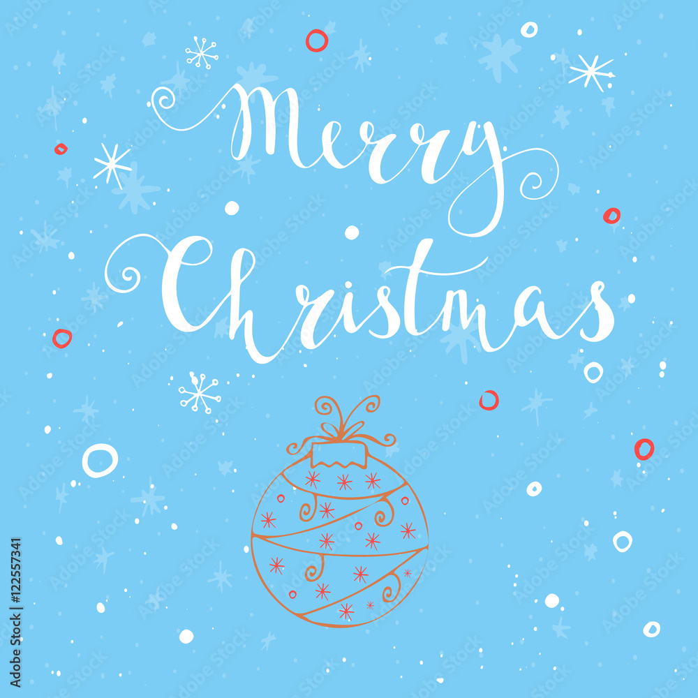 Merry Christmas text  on a winter background with snow and snowflakes. Greeting card template, poster with quote. T-shirt design, card design or home decor element. Vector.