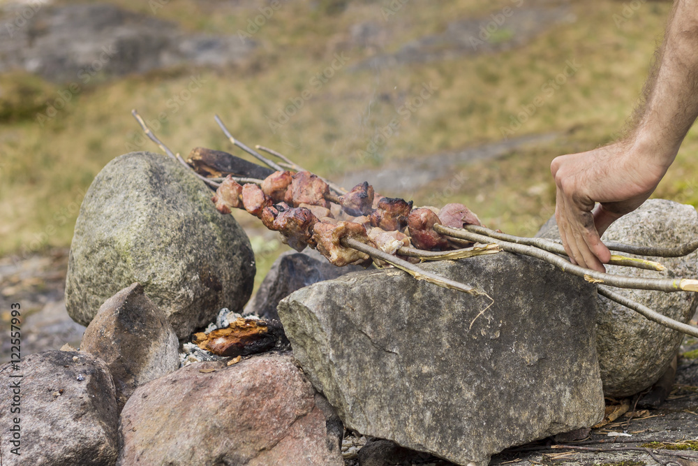 Fototapeta premium shish kebab cooked on a campfire