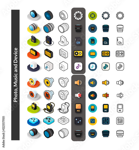 Set of icons in different style - isometric flat and otline, colored and black versions