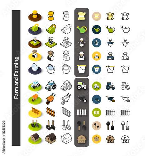 Set of icons in different style - isometric flat and otline, colored and black versions