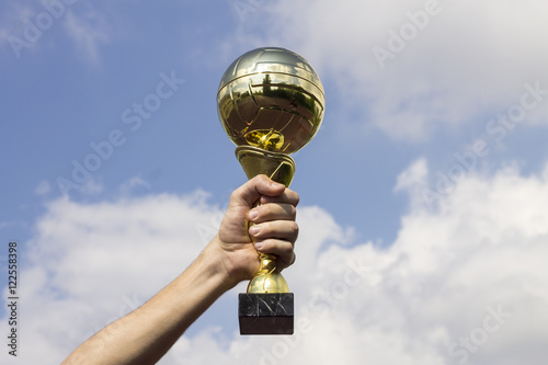 man holding a golden cup against the sky