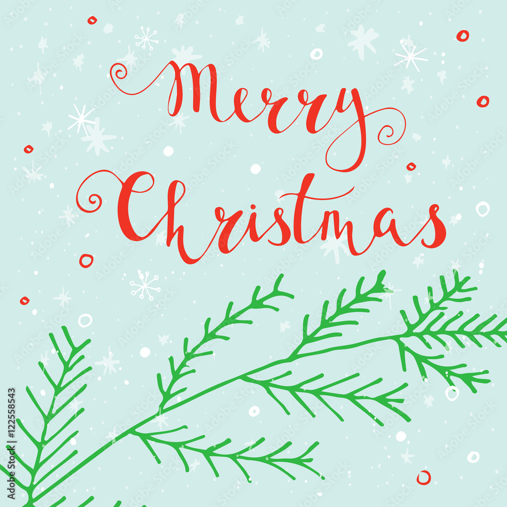 Obraz premium Merry Christmas text on a winter background with snow and snowflakes. Greeting card template, poster with quote. T-shirt design, card design or home decor element. Vector.
