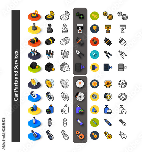 Set of icons in different style - isometric flat and otline, colored and black versions