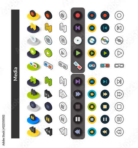 Set of icons in different style - isometric flat and otline, colored and black versions