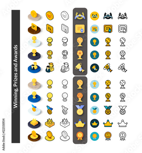 Set of icons in different style - isometric flat and otline, colored and black versions