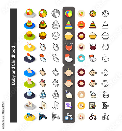 Set of icons in different style - isometric flat and otline, colored and black versions