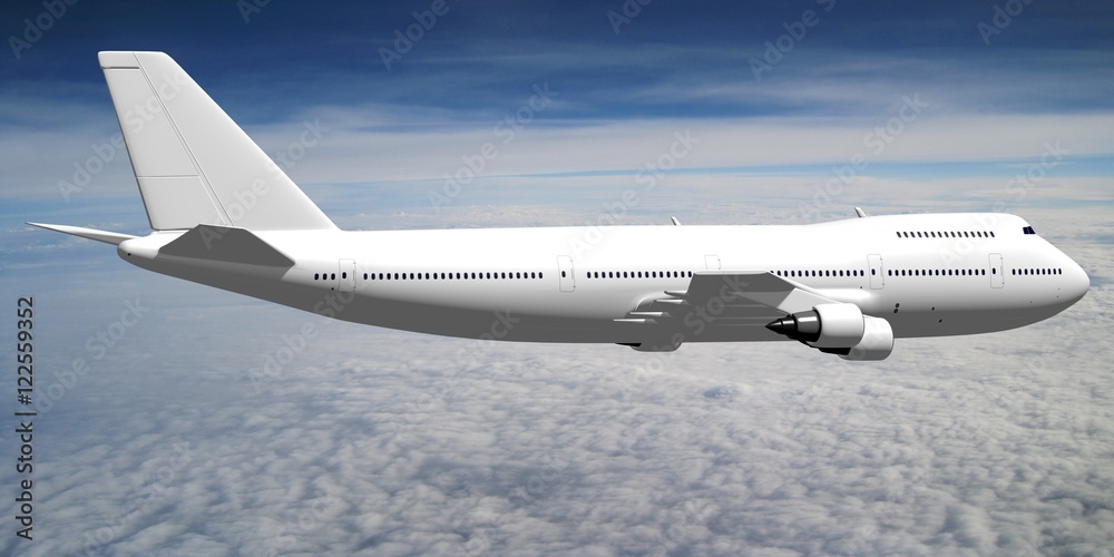 Obraz premium 3D passenger jet plane flying in the air - great for topics like aviation, flight, transportation etc.
