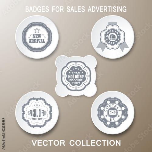 Vector collection of retro badges for sales advertising in gray and white with shadows on gradient brown background.