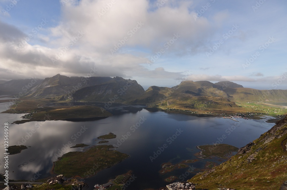 Fototapeta premium Lofoten islands, Norway, trek to Voladstinden mountain