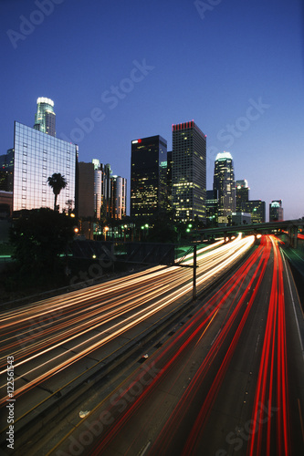 USA, California, Los Angeles, city sky line at twilight with freeway