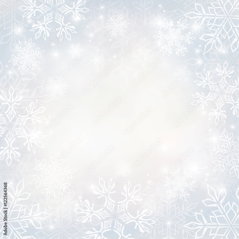 Abstract Christmas background with snowflakes and place for text. Good idea for greeting cards, invitations. Silver background. All elements, textures, etc. are individual objects. EPS-10.