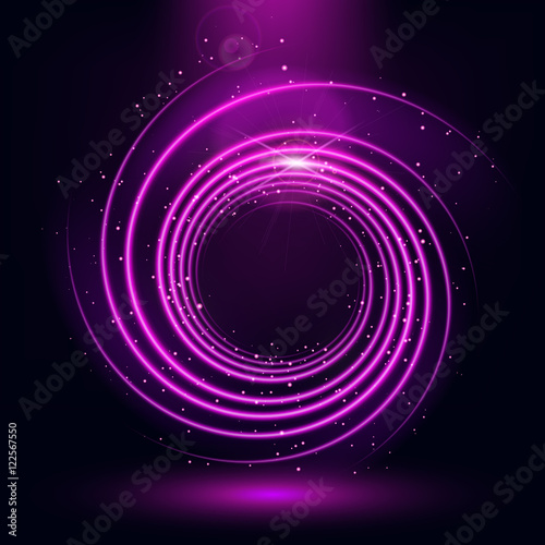 Glowing neon spiral galaxy on a purple background. Abstract space image. Chaotic glowing particles. Vector background for design projects.