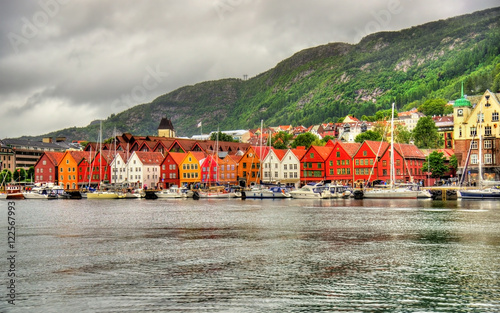 View of famous Bryggen district in Bergen - Norway