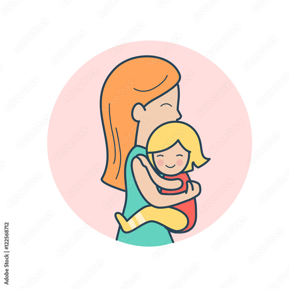 Linear Flat mother baby girl vector. Family care values Linear Flat mother baby girl vector. Family care values