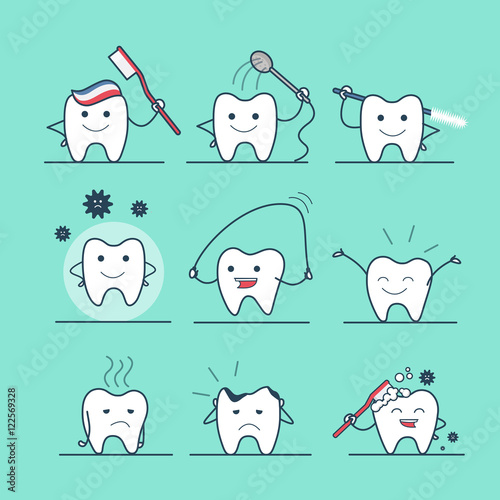 Linear Flat Dental health care tooth flossing caries vector set